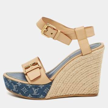 Pre Owned Louis Vuitton Brown Denim and Leather Wedge Sandals Size 38