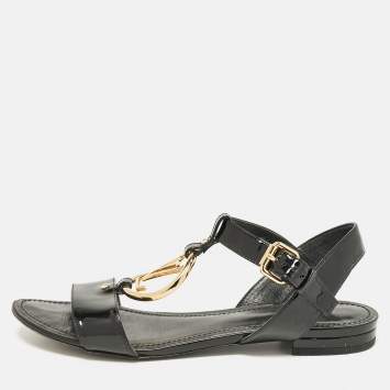 Pre Owned Louis Vuitton Black Patent Leather LV Logo Slingback Flat Sandals Size 38