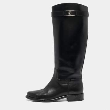 Pre Owned Louis Vuitton Black Leather Logo Knee Length Boots Size 38