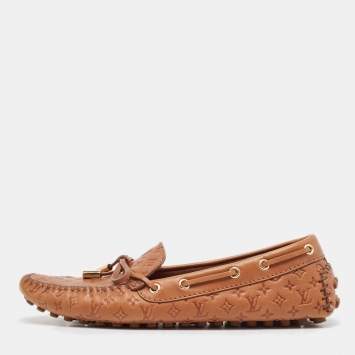Pre Owned Louis Vuitton Brown Monogram Empreinte Leather Gloria Loafers Size 36.5