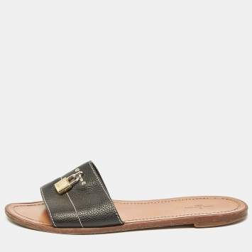 Pre Owned Louis Vuitton Black Leather Lock It Flat Slides Size 40