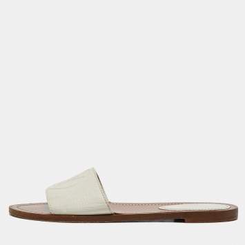 Pre Owned Louis Vuitton White Leather Lock It Flat Slides Size 39