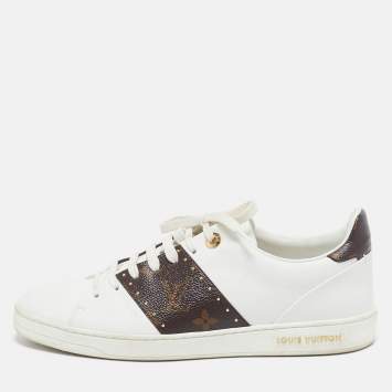 Pre Owned Louis Vuitton White Leather and Monogram Canvas Time Out Sneakers Size 39