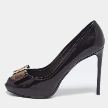 Pre Owned Louis Vuitton Brown/Burgundy  Patent Leather And Infini Canvas Bow Peep Toe Platform Pumps Size 39