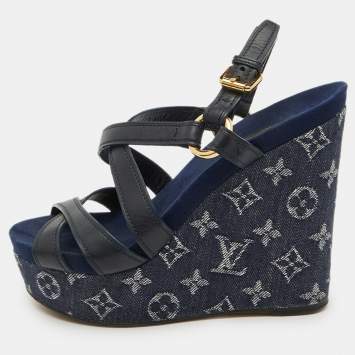 مملوكة مسبقًا Louis Vuitton Navy Blue Leather and Monogram Denim Ocean Wedge Sandals Size 38