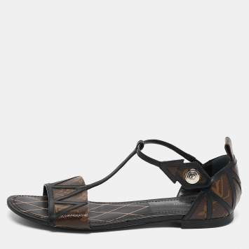 Pre Owned Louis Vuitton Brown Monogram Canvas and Leather Flat Sandals Size 38.5