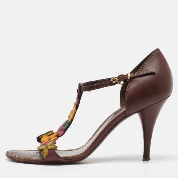 Pre Owned Louis Vuitton Brown Leather Aubepine Floral T Strap Sandals Size 37.5