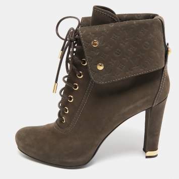 Louis Vuitton Brown Suede Empreinte Fold Over Lace Up Ankle Boots Size 40.5