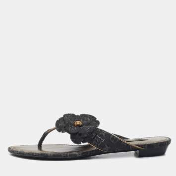 Louis Vuitton Black Denim Trim Monogram Thong Sandals Size 37