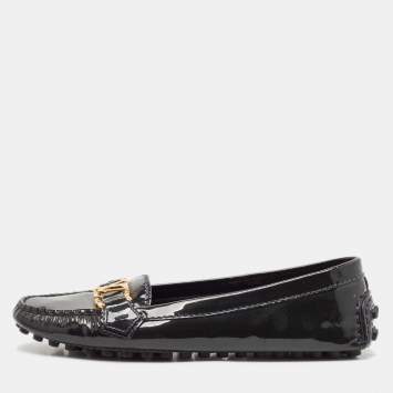 Pre Owned Louis Vuitton Dark Green Patent Leather Oxford Logo Slip On Loafers Size 36