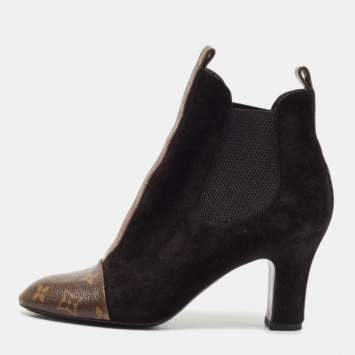 Pre Owned Louis Vuitton Black/Brown Suede and Monogram Canvas Revival Ankle Boots Size 38.5