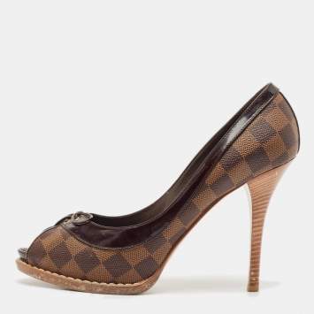 Pre Owned Louis Vuitton Brown Damier Ebene Canvas Palm Beach Peep Toe Pumps Size 39