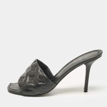 Pre Owned Louis Vuitton Black Monogram Embossed Leather Revival Slide Sandals Size 39
