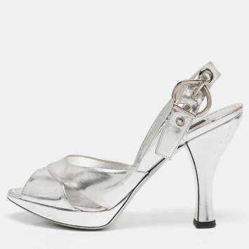 Pre Owned Louis Vuitton Silver Leather Peep Toe Slingback Sandals Size 37
