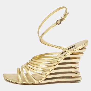 Pre Owned Louis Vuitton Gold Leather Strappy Wedge Sandals Size 40