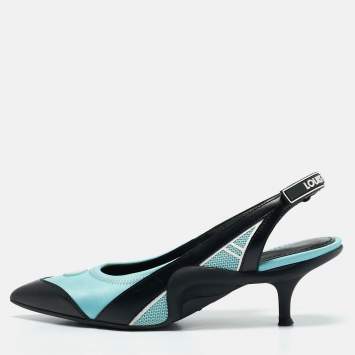 Pre Owned Louis Vuitton Blue/Black Satin and Leather Archlight Slingback Pumps Size 38