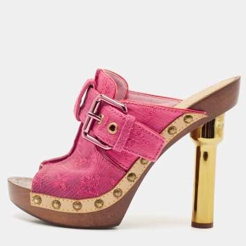 Pre Owned Louis Vuitton Pink Monogram Denim Rosa Platform Clogs Size 37
