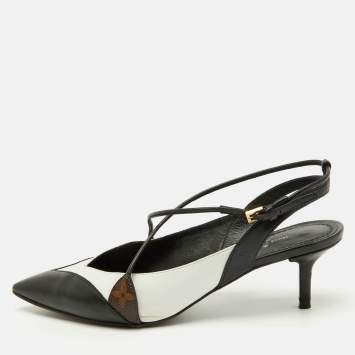 Pre Owned Louis Vuitton Black/White Leather Criss Cross Slingback Pumps Size 36