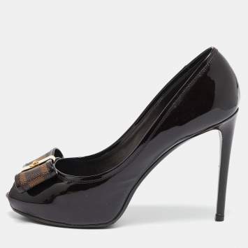 Pre Owned Louis Vuitton Brown/Burgundy  Patent Leather And Infini Canvas Bow Peep Toe Platform Pumps Size 39