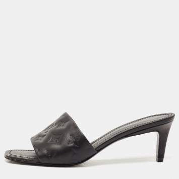 Pre Owned Louis Vuitton Black Monogram Embossed Leather Revival Slide Sandals Size 40