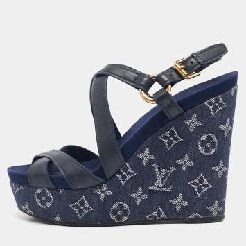 Pre Owned Louis Vuitton Navy Blue Leather and Monogram Denim Ocean Wedge Sandals Size 38.5