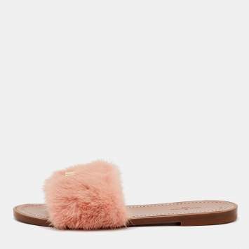 Pre Owned Louis Vuitton Pink Mink Fur Lock It Flat Slide Sandals Size 36