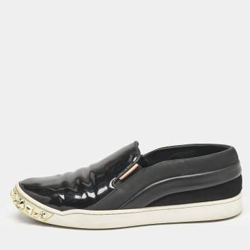 Louis Vuitton Black Patent and Leather Studded Tempo Slip On Sneakers Size 38