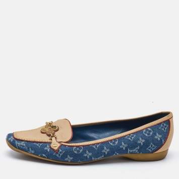 Pre Owned Louis Vuitton Navy Blue Monogram Denim and Leather Cap-Toe Ballet Flats Size 37