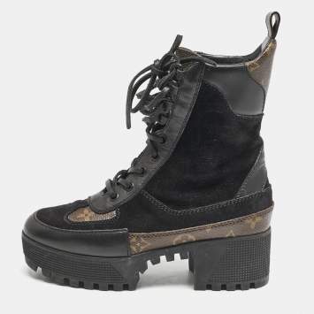 Louis Vuitton Black/Brown Suede and Monogram Canvas Laureate Desert Boots Size 34