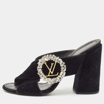 Pre Owned Louis Vuitton Navy Blue Velvet Block Heel Slide Sandals Size 40