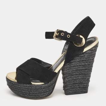 Pre Owned Louis Vuitton Black Suede Espadrille Platform Sandals Size 35