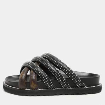 Louis Vuitton Black Monogram Canvas and Leather Slide Sandals Size 37