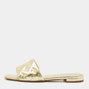 Pre Owned Louis Vuitton Gold Monogram Embossed Leather Revival Flat Slides Size 41
