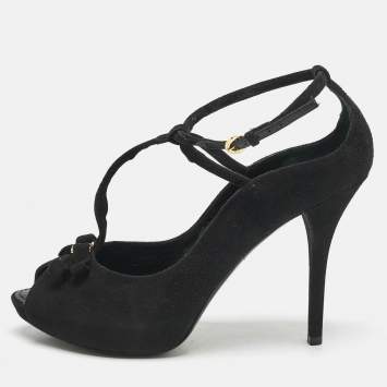 Pre Owned Louis Vuitton Black Suede T-Strap Platform Pumps Size 39