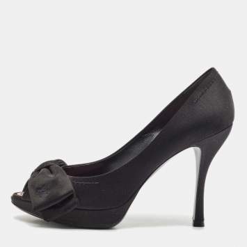 Pre Owned Louis Vuitton Black Satin Bow Peep Toe Pumps Size 37.5