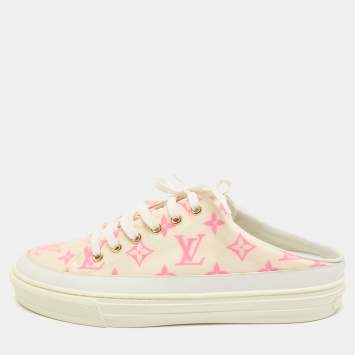 Pre Owned Louis Vuitton White/Pink Mesh and Leather Stellar Sneaker Mules Size 39.5