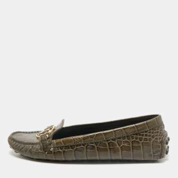 Louis Vuitton Green Croc Embossed Leather Dauphine Loafers Size 39.5