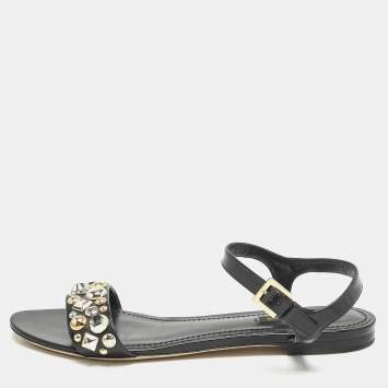 Louis Vuitton Black Leather Studded Ankle Strap Flat Sandals Size 40