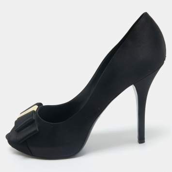 Louis Vuitton Black Satin Peep Toe Platform Pumps Size 40.5