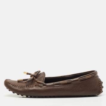Pre Owned Louis Vuitton Brown Damier Ebene Canvas and Leather Arizona Bow Loafers Size 38.5