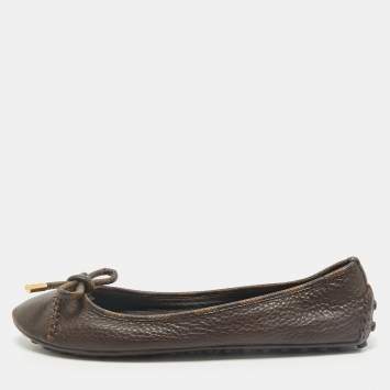 Louis Vuitton Brown Leather And Damier Ebene Canvas Bow Ballet Flats Size 39
