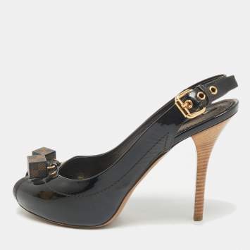 Louis Vuitton Brown Vernis Dice Peep Toe Slingback Pumps Size 38