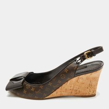 Louis Vuitton Brown Monogram Canvas and Patent Bow Rivoli Slingback Wedge Sandals Size 37.5
