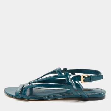 Louis Vuitton Dark Green Patent Leather Crossing Logo Flat Sandals Size 39