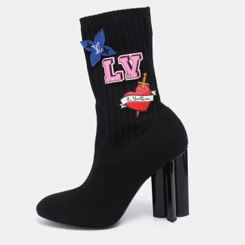 Louis Vuitton Black Knit Fabric LV Black Heart Sock Ankle Boots Size 38.5