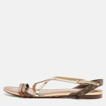 Pre Owned Louis Vuitton Brown Monogram Canvas and Leather Slingback Flat Sandals Size 40