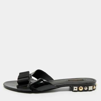 Louis Vuitton Black Patent Leather Bow Flat Slides Size 41