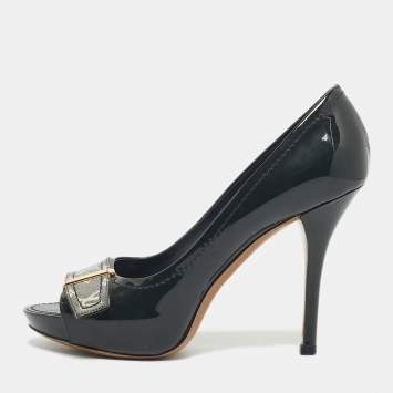 Pre Owned Louis Vuitton Dark Green Patent Leather And Monogram Canvas Idylle Buci Open Toe Pumps Size 36