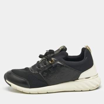 Pre Owned Louis Vuitton Black Knit Fabric and Monogram Leather Aftergame Lace Up Sneakers Size 39