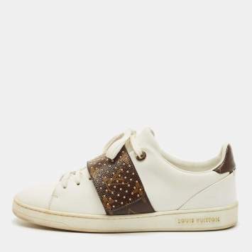 Pre Owned Louis Vuitton White/Brown Monogram Canvas and Leather Frontrow Lace Up Sneakers Size 38